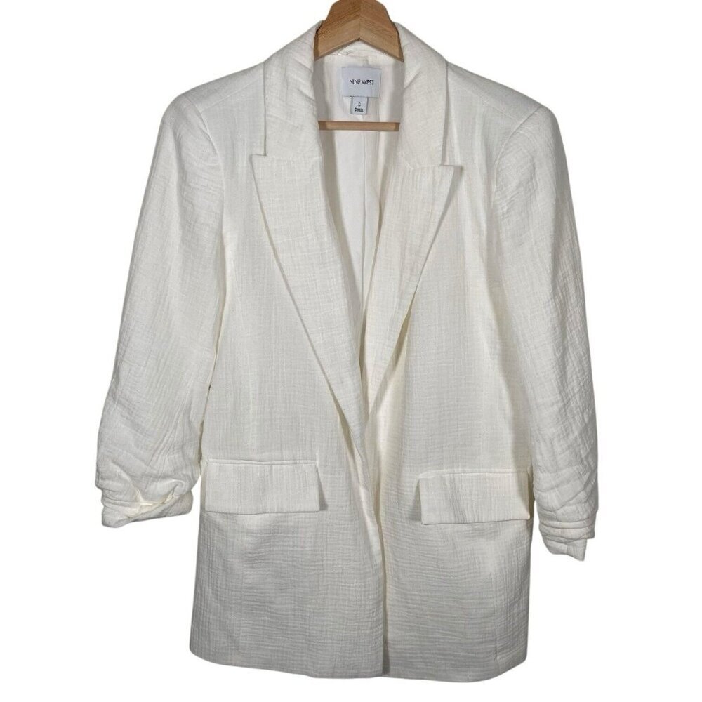Nine West Blazer Size S Ruched 3/4 Sleeve Open Front White Cotton Gauze Casual
